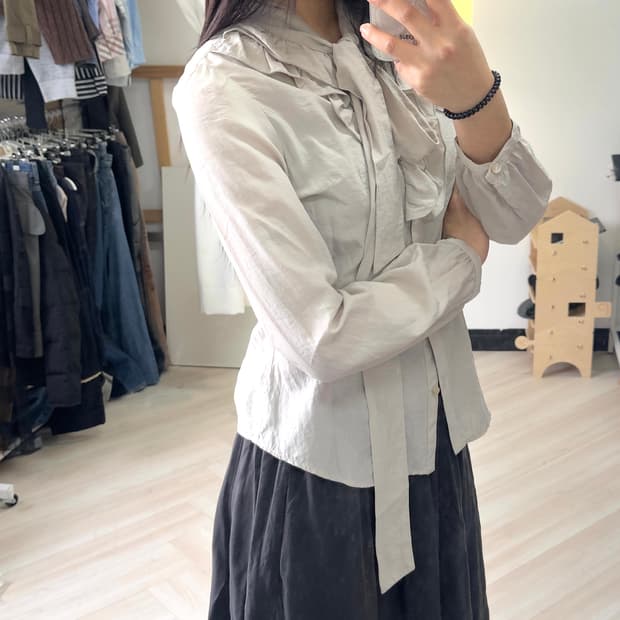 [RU PLAIN] ribbon cotton blouse 