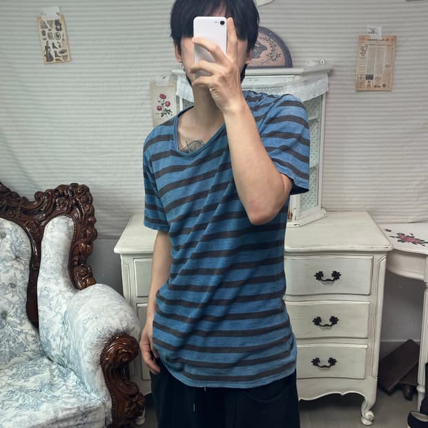 빈티지 데님 스트라이프 반팔 1180 모리걸 y2k 스트릿 갸루 펑키 일