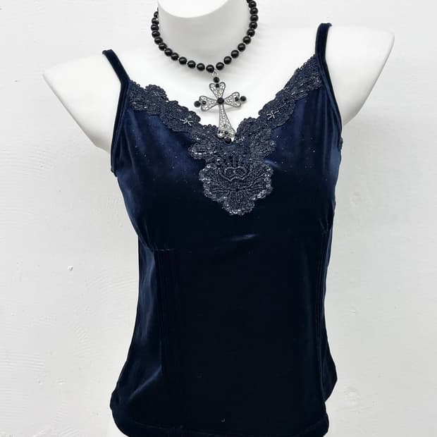 네이비 벨벳 레이스 슬립