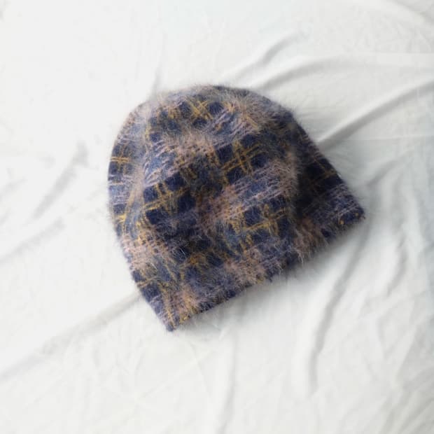 Check pattern mohair beanie