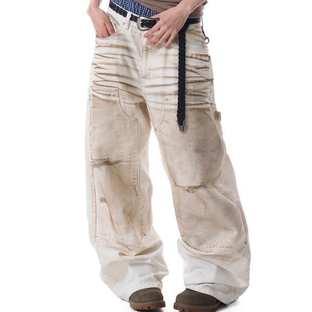 아캄 워시드 더블 니 코튼팬츠