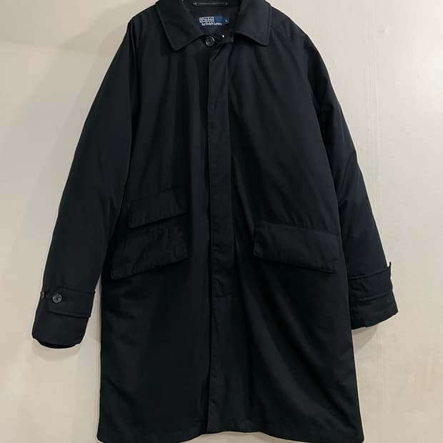 폴로 가죽장식 발마칸 구스다운 패딩 코트 블랙