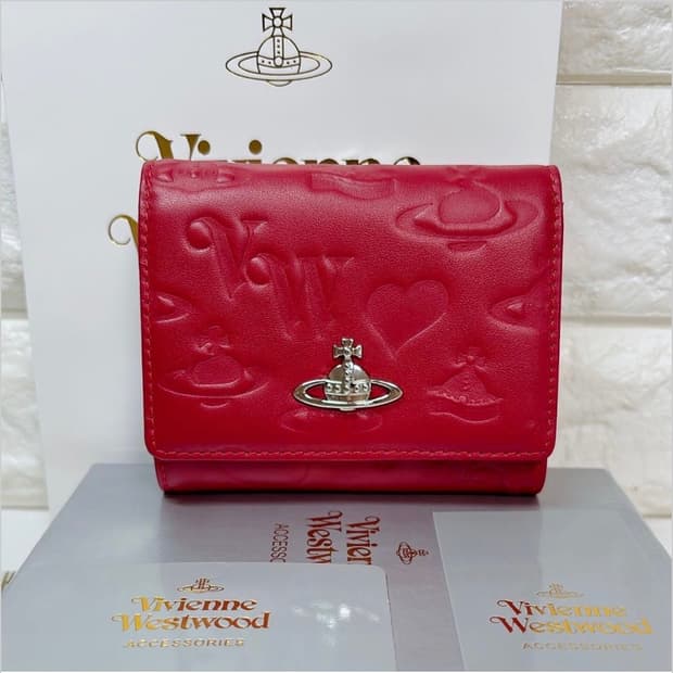 비비안 웨스트우드 아카이브 레드 레더 은장 orb 하프월렛 반지갑