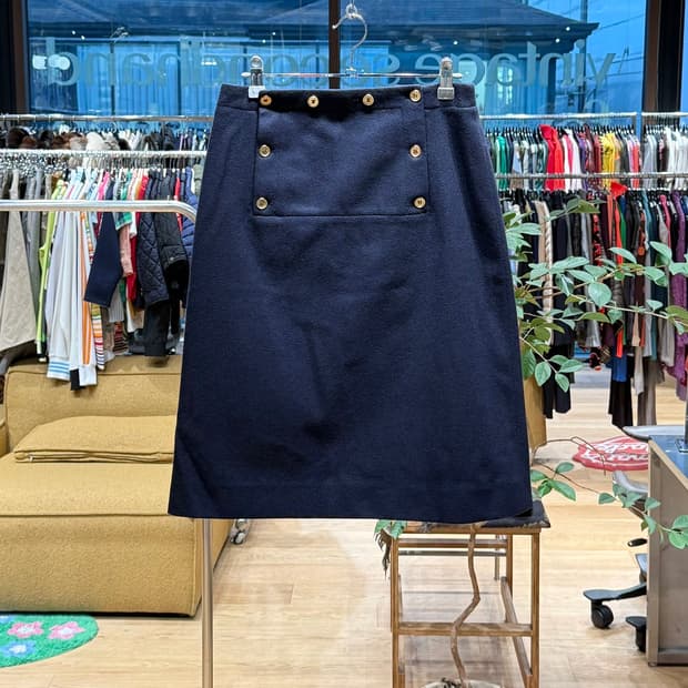 셀린느 네이비 골드 버튼 미디스커트 