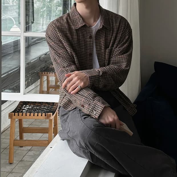 엘엑스티 빈티지 코튼 하운드 체크 크롭 셔츠 브라운