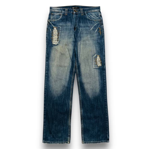 션 존 디스트로이드 워시드 빈티지 데님 팬츠