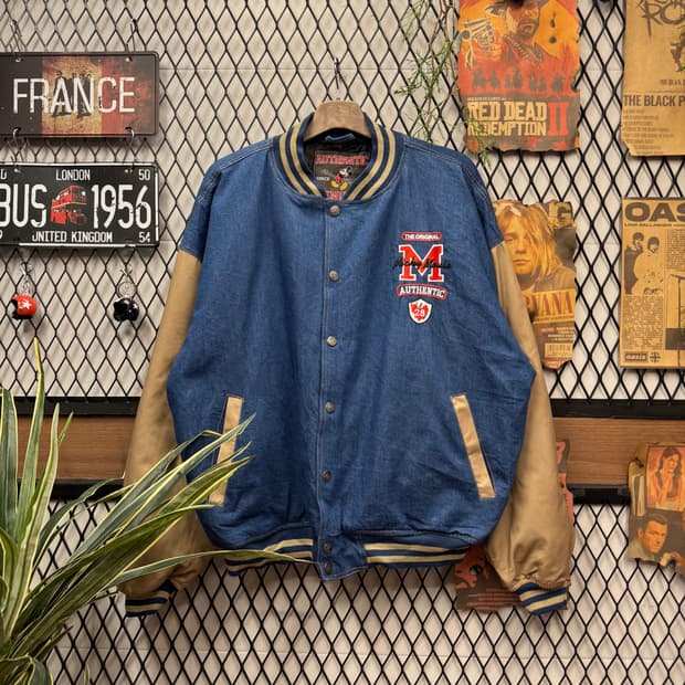 00s 월트디즈니 미키마우스 데님 스타디움 바시티 자켓 브라운 배색