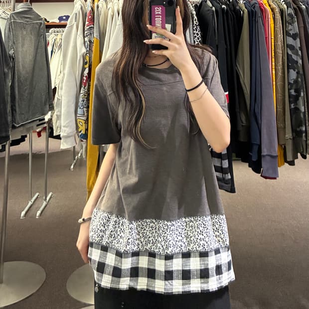 4L)Japanese vintage 여성 티어드 패치워크 레이어드 반팔(