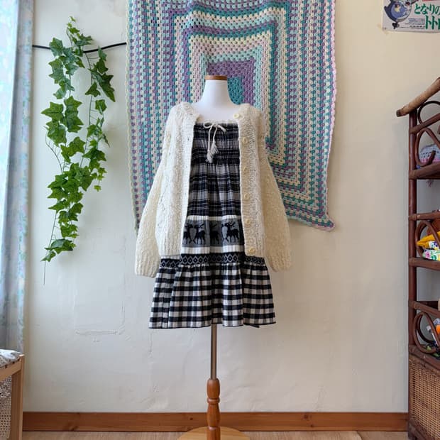 빈티지 니트 패치 체크 스커트 원피스