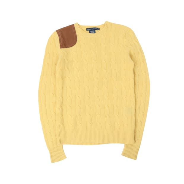 폴로 랄프로렌 옐로우 울 캐시미어 스웨이드 패치 니트