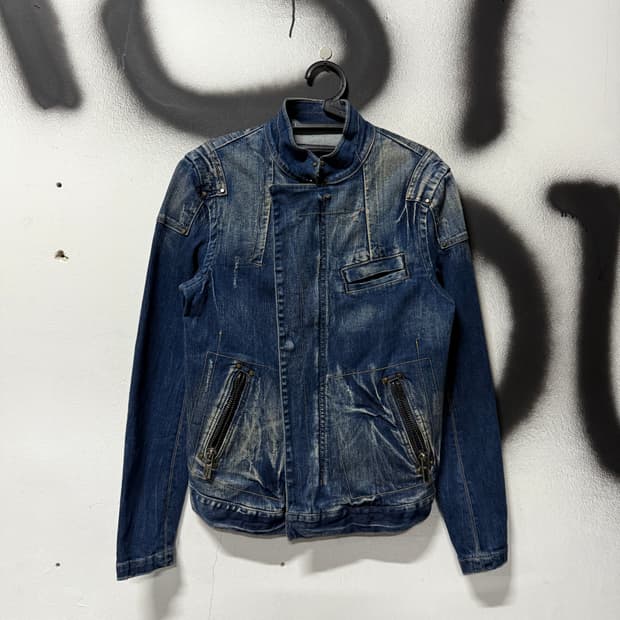 버커루 워싱 진청 크롭 바이커 데님 자켓