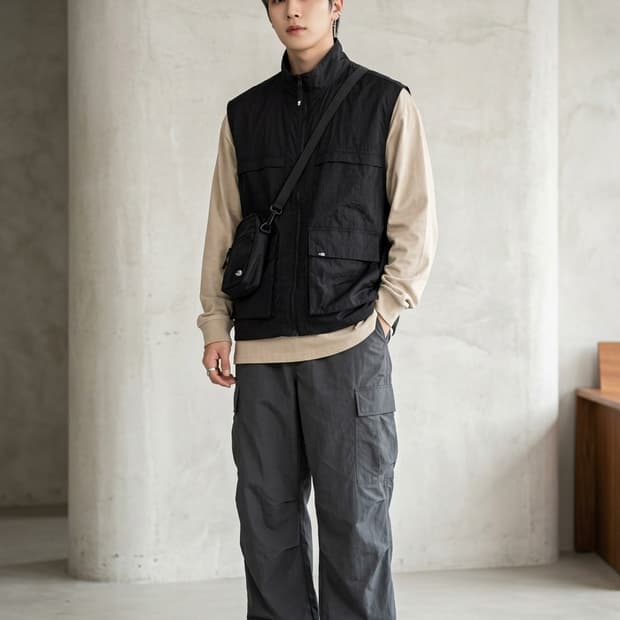 100(L). 노스페이스 블랙 나일론 포켓 베스트