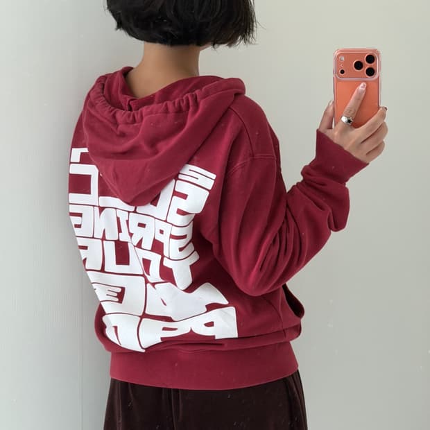 일본빈티지 버건디 프린팅 후드집업