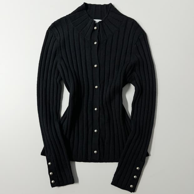 울 하이 넥 버튼 버튼 슬리브 가디건