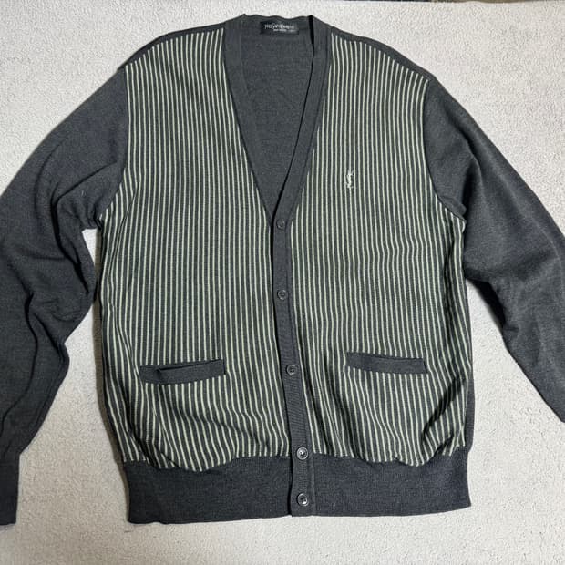 YSL 생로랑 그레이/그린 스트라이프 울 니트 가디건 