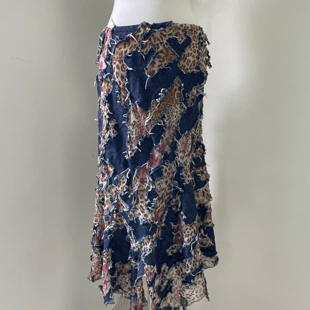 니나 루 패치워크 프린지 사시코 언밸런스 플레어 스커트