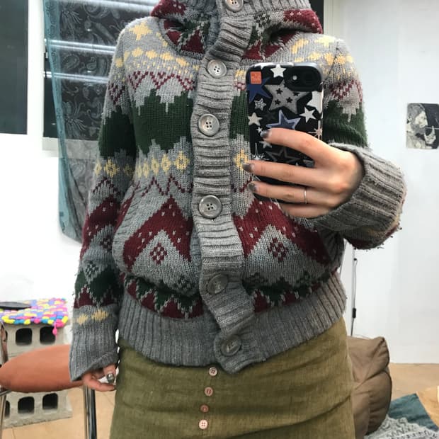 빈티지 에스닉 양털 기모 니트 후드 가디건 