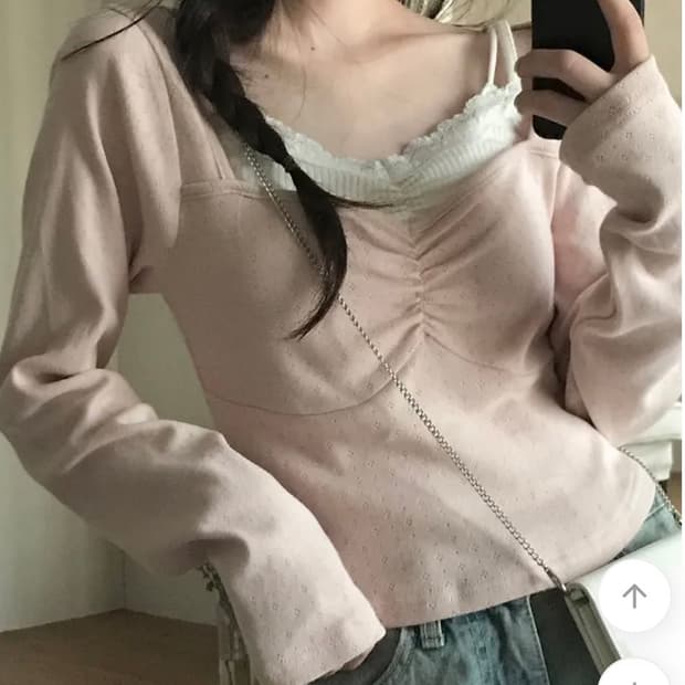 미니포에 레이스 셔링 여리여리 핑크 긴팔 티셔츠