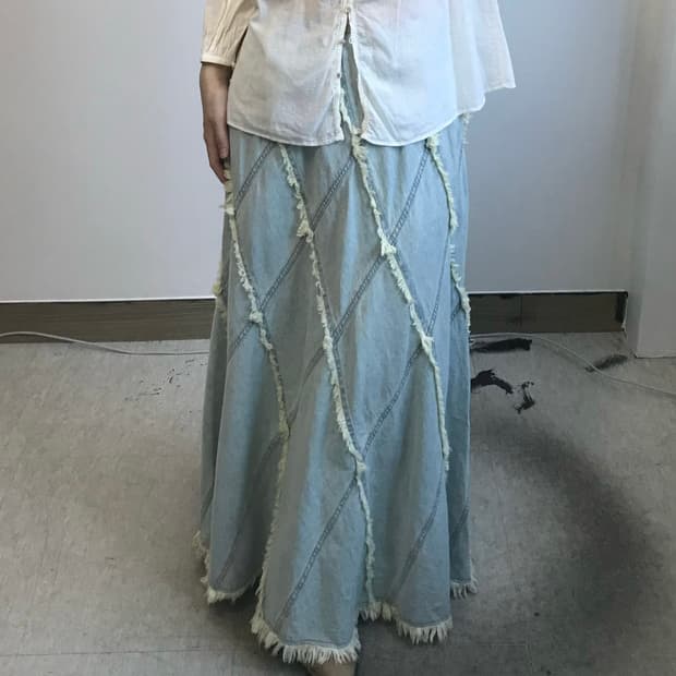빈티지 프린징 맥시 데님 스커트