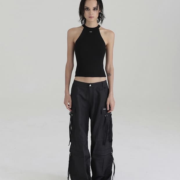 배드블러드 블랙 스트랩 카고팬츠 파라슈트