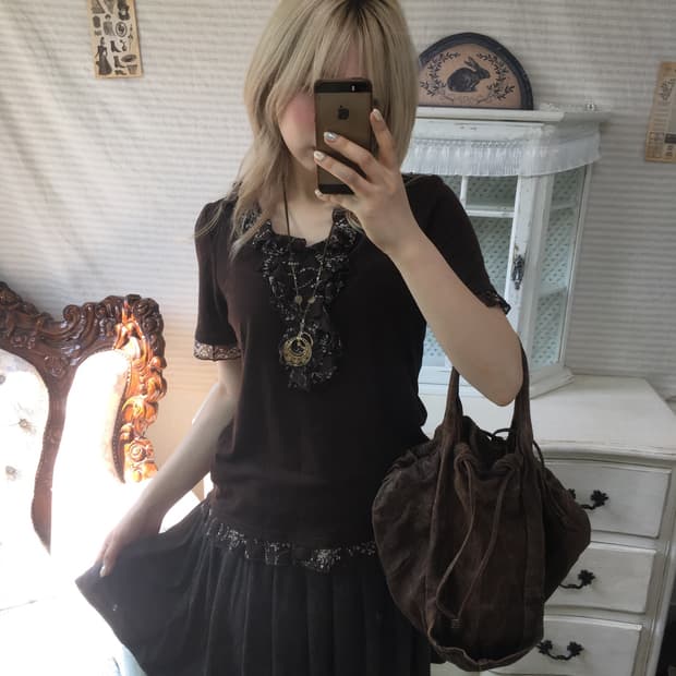 jpn vintage brown shirring frill blouse
