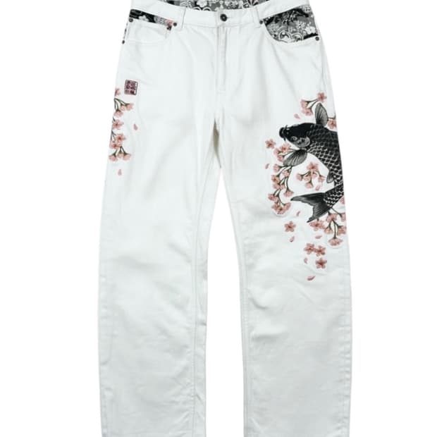 카라쿠리 타마시  Koi x Flower 자수 코튼 팬츠