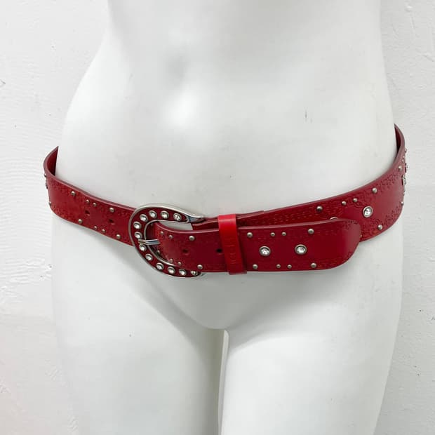 리얼레더 레드 큐빅 버클 벨트