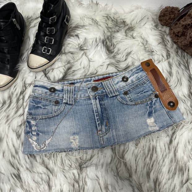 Y2K 로우라이즈 가죽 데님 스커트