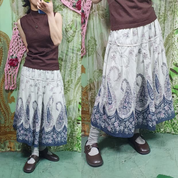 페이즐리 플라워 밴딩 코튼 미디-롱 스커트