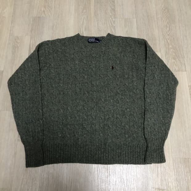 (M) 90's 랄프로렌 POLO 셔틀랜드 울 케이블 라운드 니트 카키