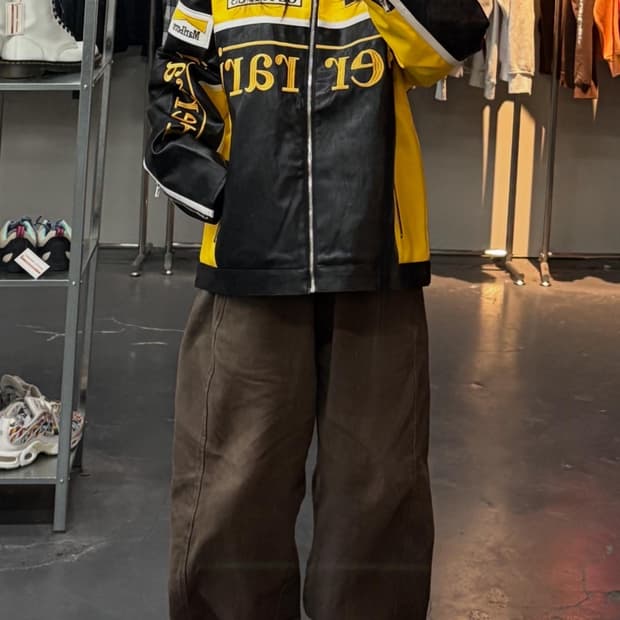 페라리 말보로 패치워크 옐로우 배색 레더 레이싱자켓 A3396