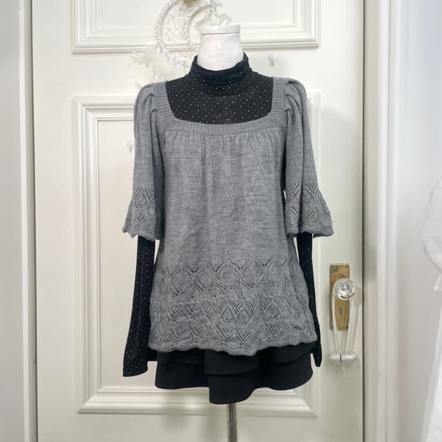 charcoal crochet shirring  puff sleeve k
