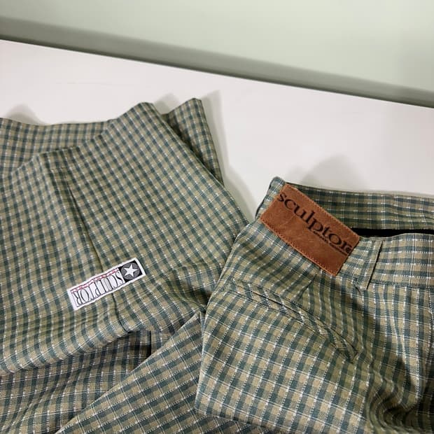 우먼M 스컬프터 벌룬와이드핏 하이웨스트 투턱 체크 린넨팬츠