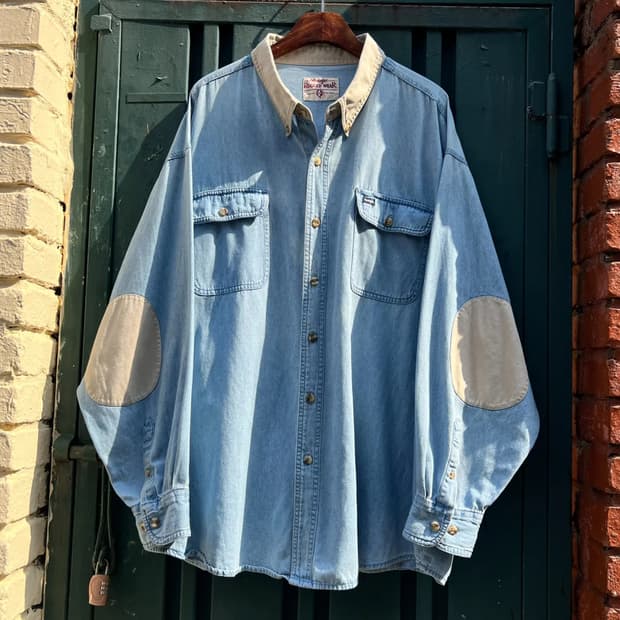 [2XL]90's 랭글러 USA 아이보리 카라 2포켓 데님 셔츠
