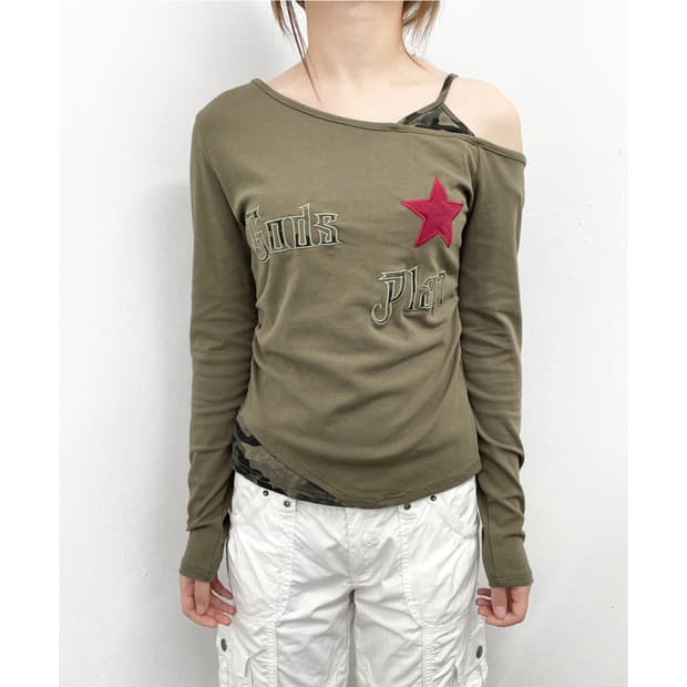 y2k 원숄더 카모 레이어드 슬리브