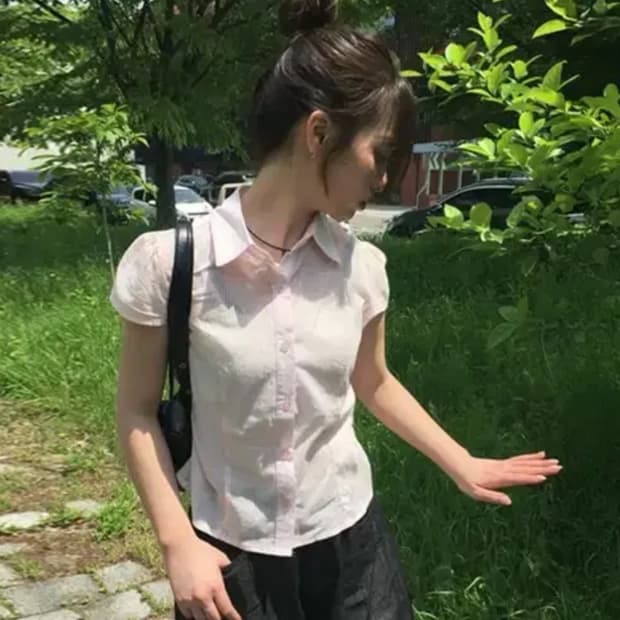 애니원모어 토렌 캡소매 카라 반팔 블라우스 셔츠 핑크