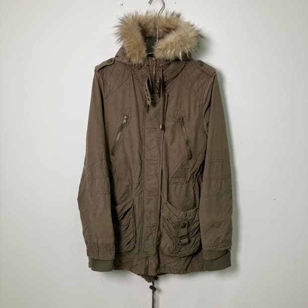 VTG 빈티지 카키 후드 퍼 롱야상 점퍼 M