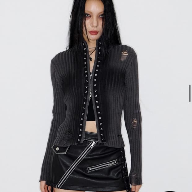 낫노잉 Cross Damaged Knit Zip Up