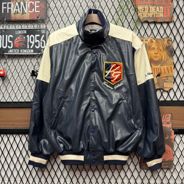 00s JPN VINTAGE 야구 팀 레더 바시티 자켓 네이비