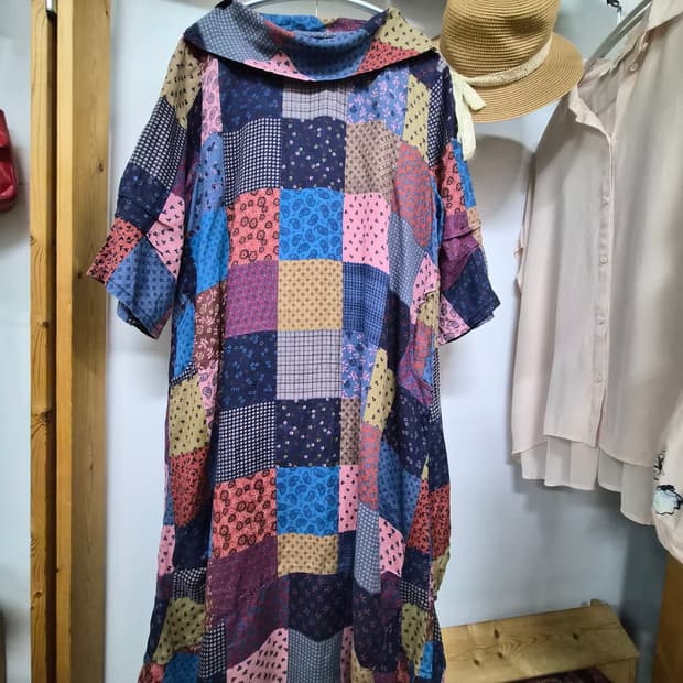 패치워크 면 린넨 보트넷 벌룬 원피스