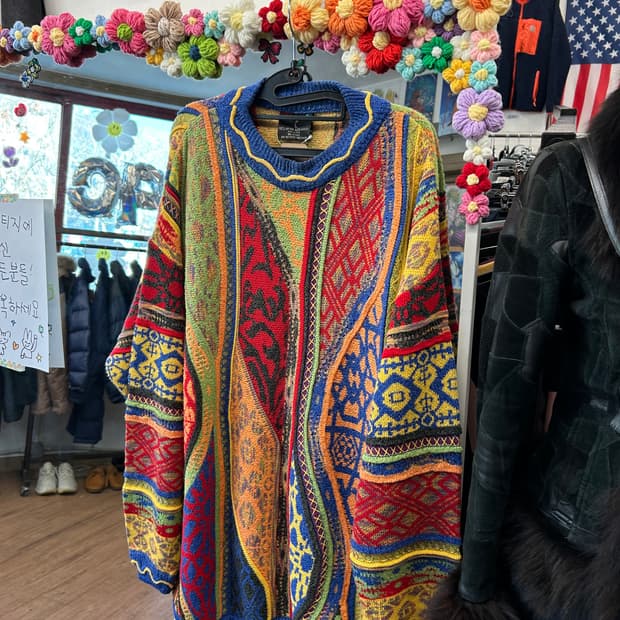 케이블 빈티지 오버 핏 라운드넥 니트