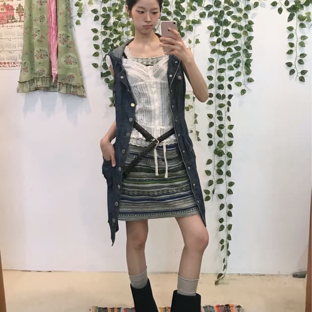 빈티지 캐주얼 데님 베스트 레이어드 히피 스트릿 코디 세트