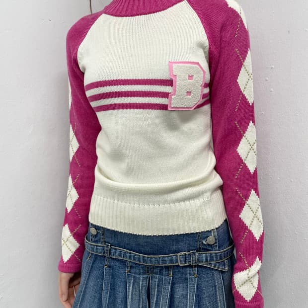 키치 핑크 아가일 니트