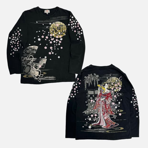 華鳥風月 오리엔탈 기모노 벚꽃 자수 롱슬리브 긴팔티셔츠 일본빈티지