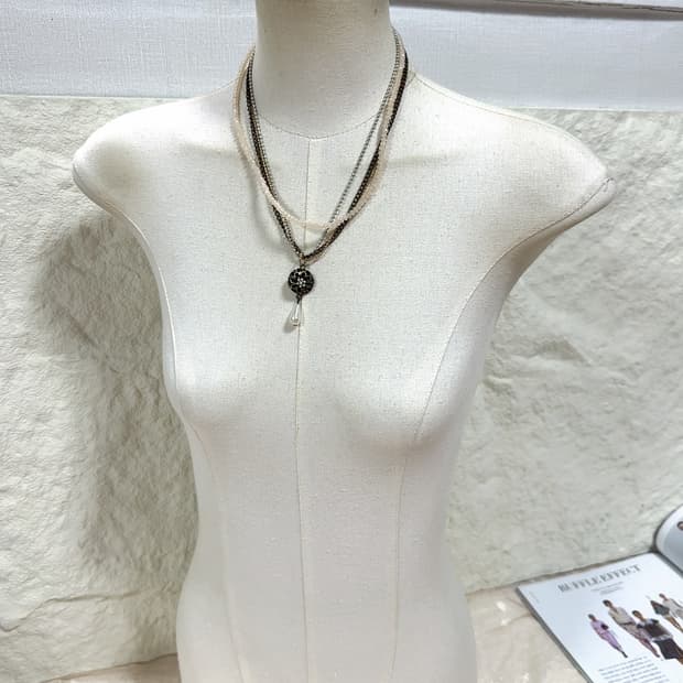 빈티지 오리엔탈 쿠바체인 레이어드 황동 꽃 진주 목걸이