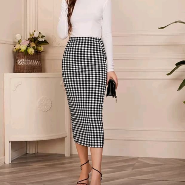 깅엄체크 롱스커트 L사이즈