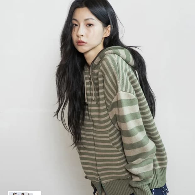 WXK008 언발란스 스트라이프 니트 후드 집업 (KHAKI) 