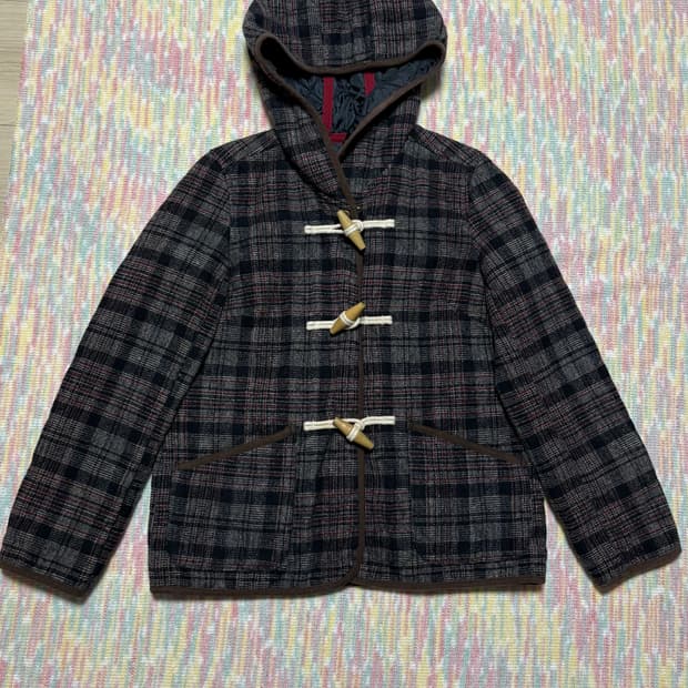 체크 후드 더플 코트