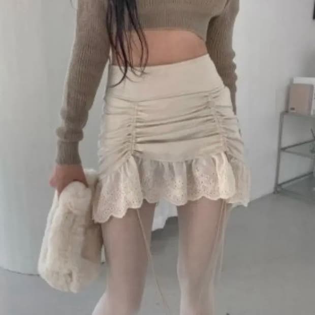 [드라이로즈 셔링 링클 레이스 스커트 - 아이보리] 발레코어 프릴 리본