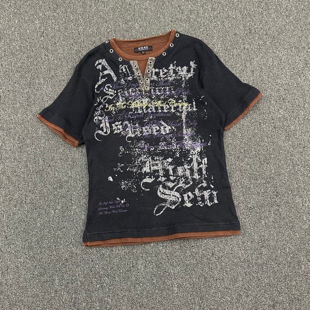 L)In The Attic vintage 여성 레이어드 프린팅 자수 반팔